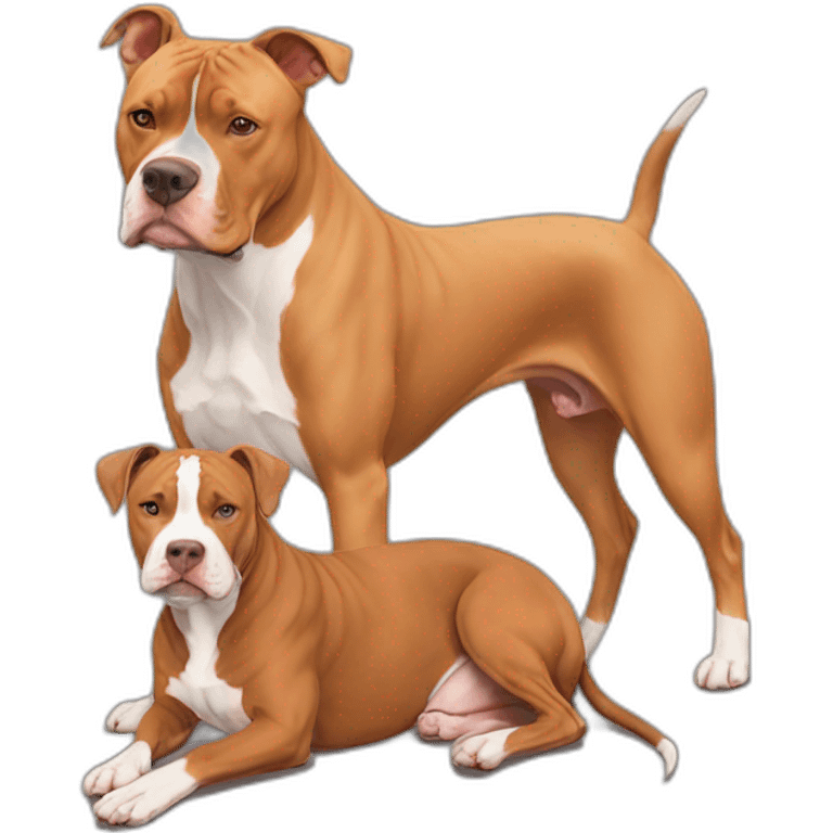 One fawn colored pitbull looks like a deer with white stripe on her face next to one copper colored pitbull boxer emoji