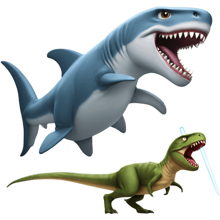 Shark fighting T rex with lightsaber emoji