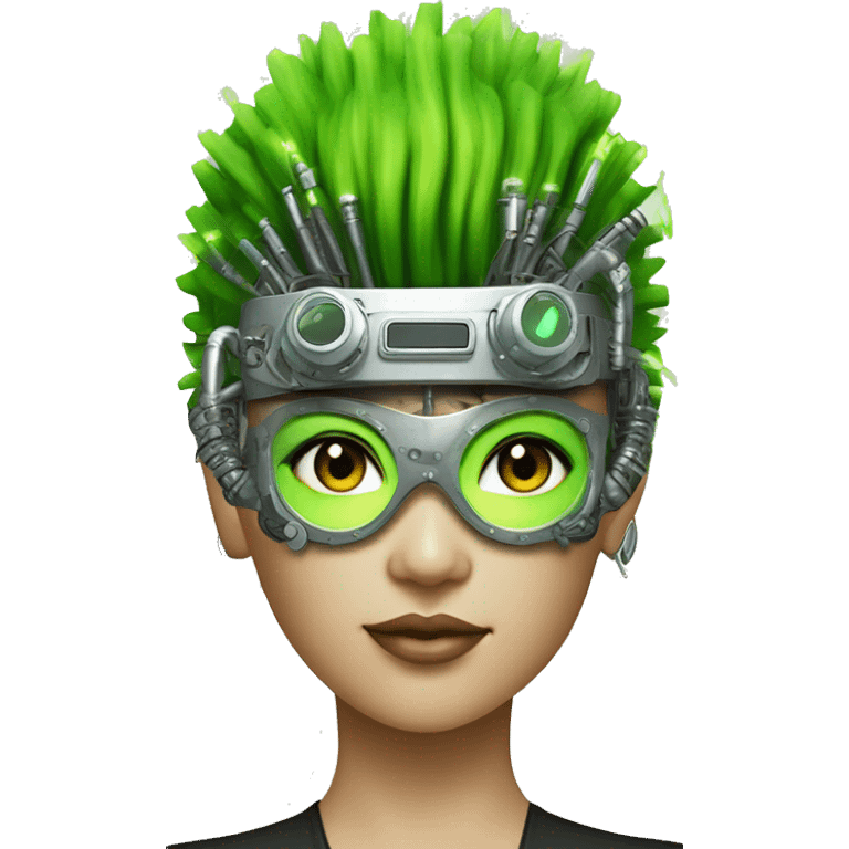 Neon green Mohawk hair Asian female cyborg head with silver steampunk goggles and circuits emoji