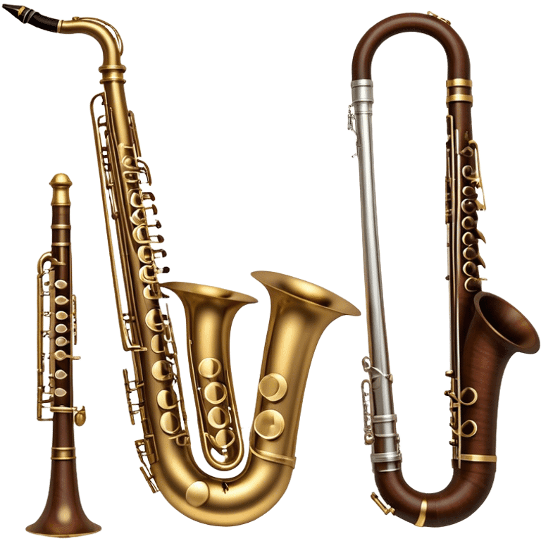 Create a refined and artistic emoji that represents lesser-known wind instruments. The design should feature a collection of unique wind instruments, such as a bassoon, oboe, or French horn, arranged elegantly. Add elements like musical notes to symbolize the harmony and beauty of these instruments. Use colors like bronze, silver, and dark wood tones to reflect the classic nature of the instruments. The background should be transparent. emoji