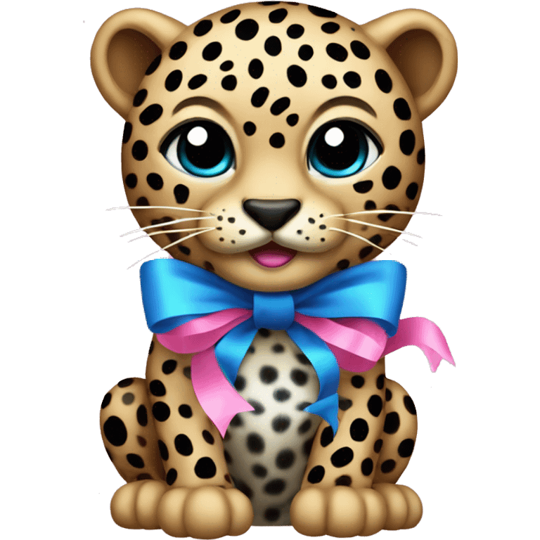 leopard with black and blue spots with pink ribbon emoji