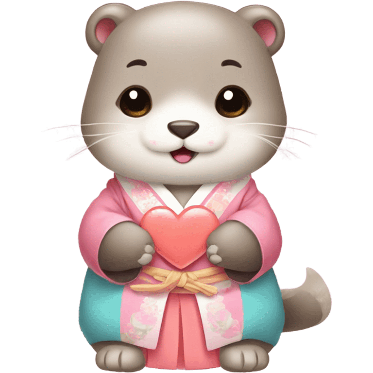 A cute and lovely otter dressed in pastel-colored traditional Korean hanbok, holding a coral-pink heart emoji