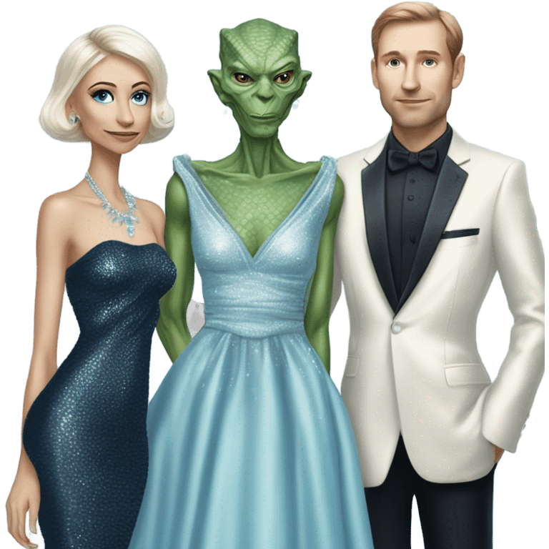 reptilian alien woman, in long slim pastel blue formal party satin dress with gradient shiny sparkling navy blue diamonds embroidered , and caucasian man in black dress emoji