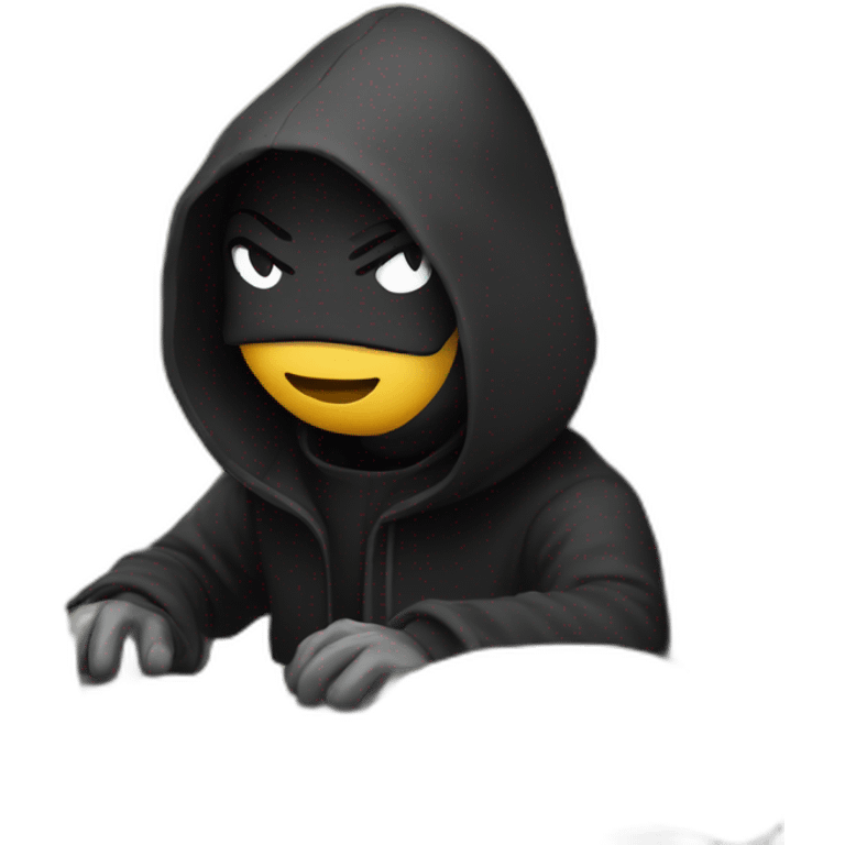 Developer with a black hood behind his computer and focus on his code  emoji