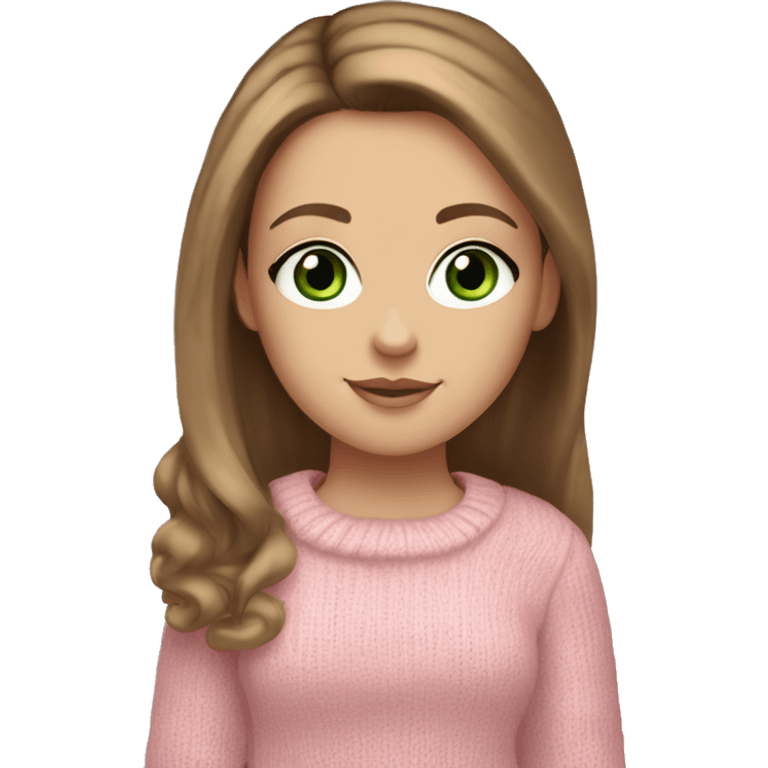 White girl with long mid brown hair and long beautiful eyelashes, green eyes, wearing a light pink sweater, light blue jeans, earmuffs, ugg boot shoes and carrying a pink bag emoji