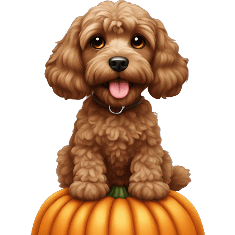 Brown cockapoo sitting on a pumkin emoji