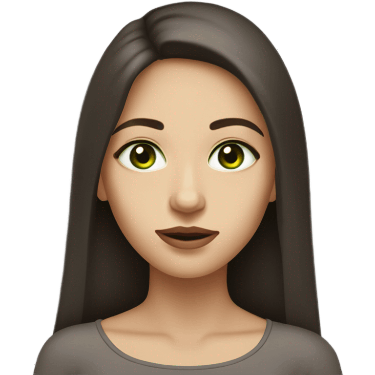 Female with long dark brown hair with fair skin and light green eyes and slim face with full lips and a few moles on the face near the lips  emoji