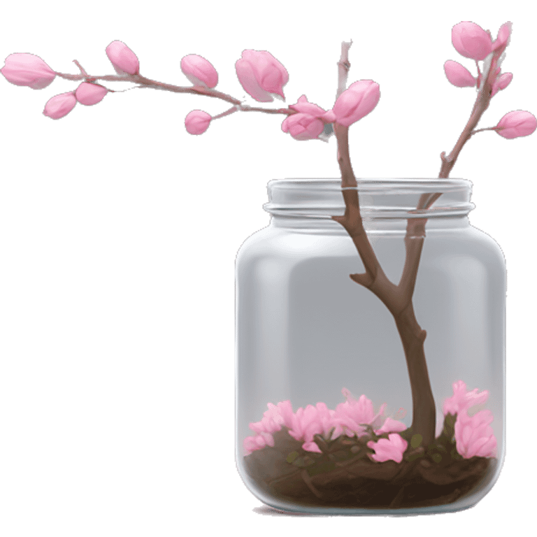 Delicate big twig with pink buds in a transparent jar vase emoji