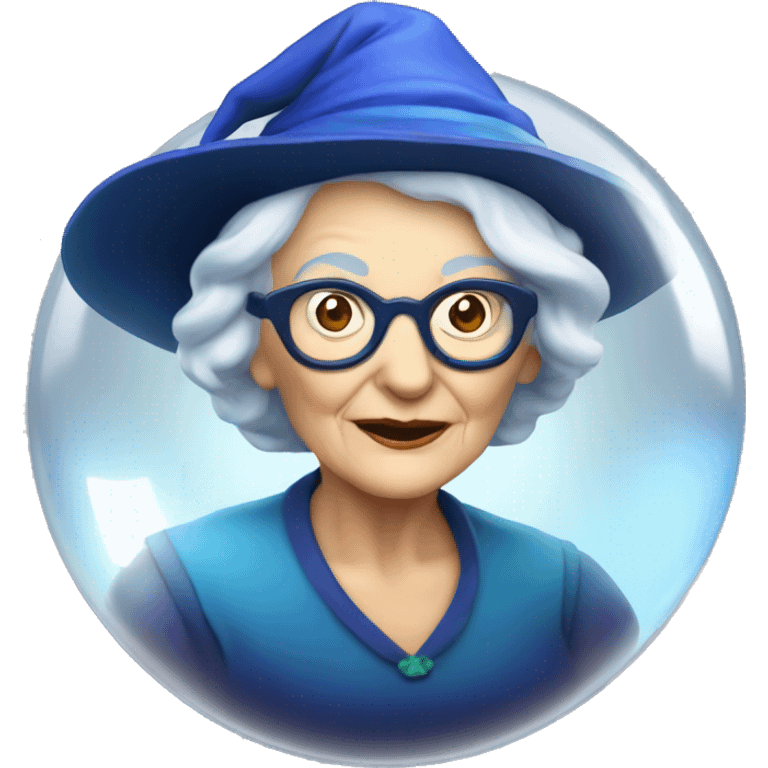 smart granny witch with glasses and blue hat in crystal ball emoji