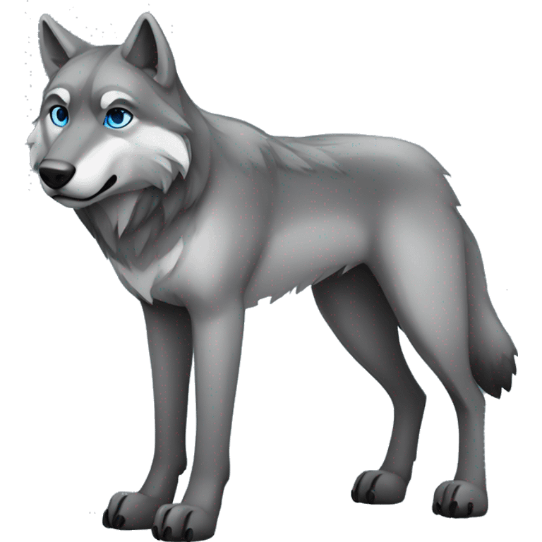 Full-body Grey wolf with black paws, black muzzle, black tail. with blue eyes. full body emoji