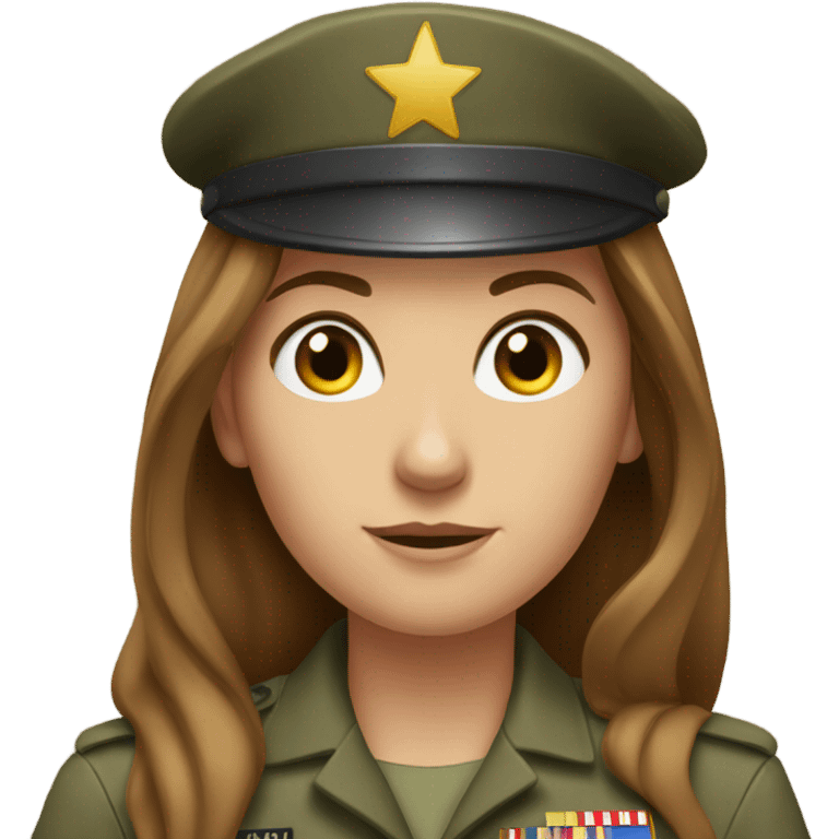 Just shoulders White woman long brown hair in army uniform no smile salute   emoji