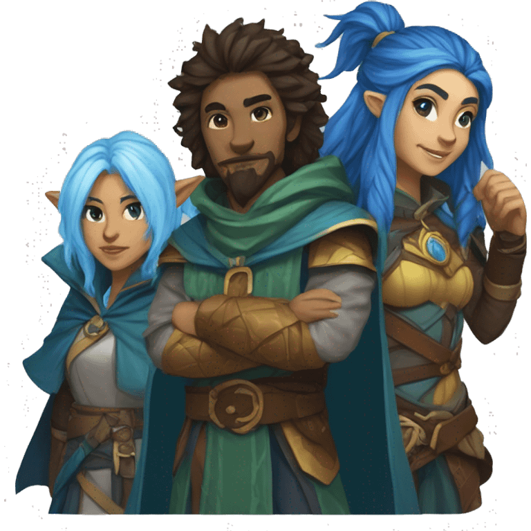 A dungeons and dragons team consisting of a human rogue,a blue Druid firbolg, a lion paladin and a female elf wizard emoji