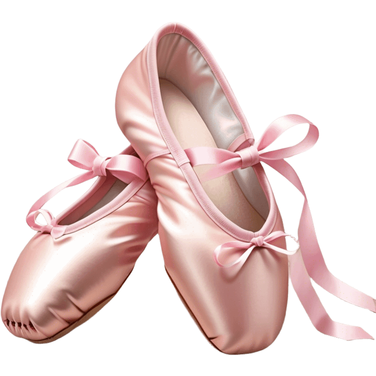 Cinematic Realistic Ballet Shoes, soft satin pink pointe shoes with delicate ribbons, resting gently on a polished wooden floor, subtle creases in the fabric, glowing under the warm golden light of a rehearsal studio, evoking elegance and grace. emoji