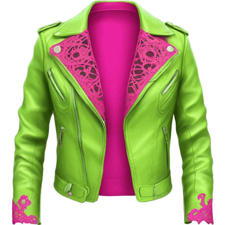 Realistic isolated side view of an open lime green fashion leather jacket with hot pink lace. emoji