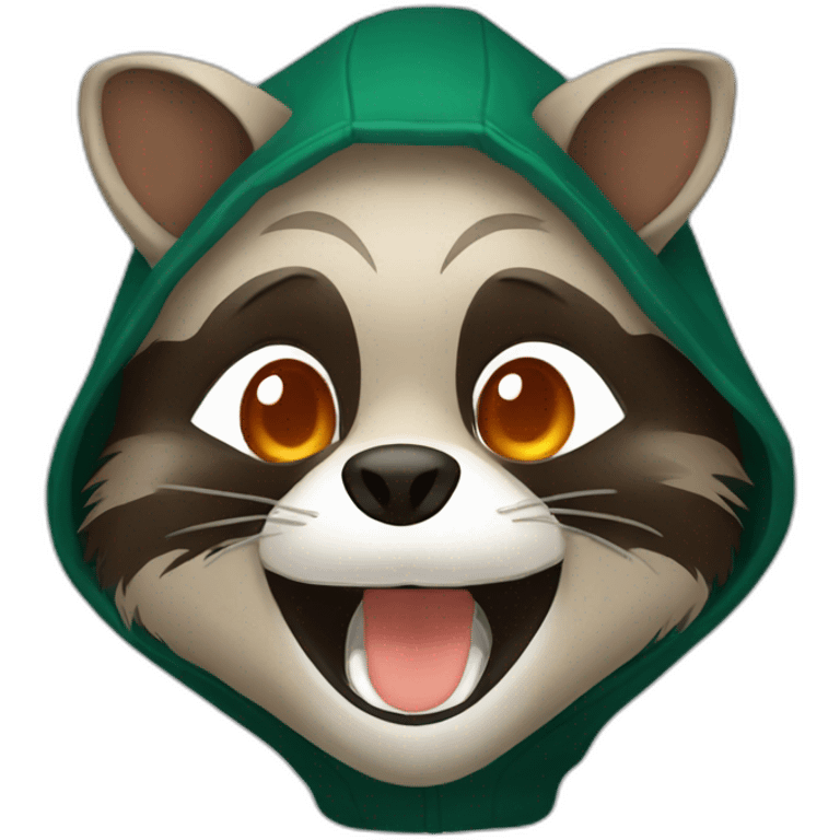 brown raccoon with orange eyes and a dark green hood that is laughing emoji