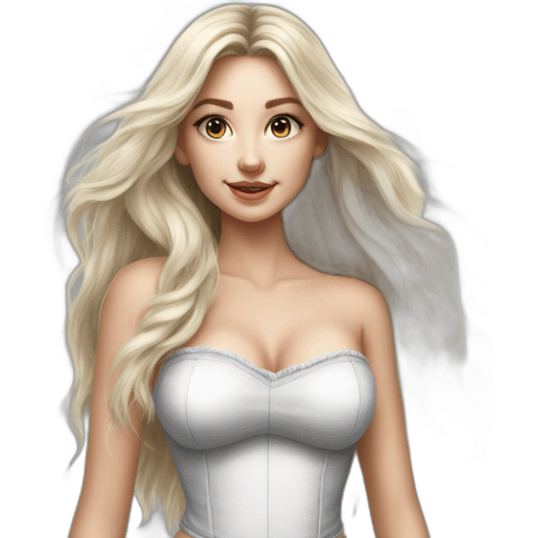 caucasian straight long haired blonde, white bustier, tight grey mini skirt, hyperrealist drawing emoji