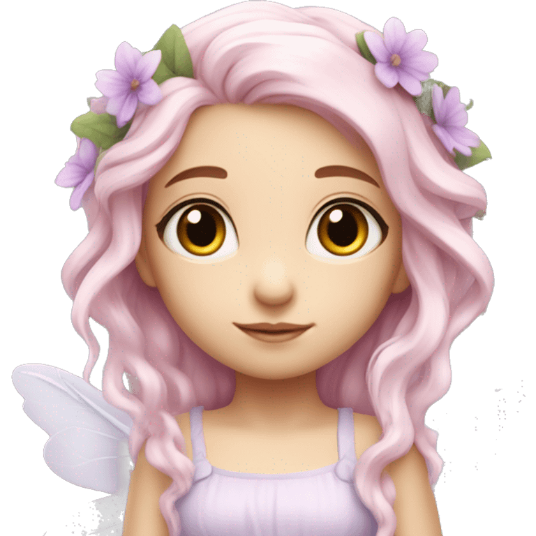 Beautiful, flower fairy, white long, light pink hair, big wings, fair skin, light violet eyes  emoji