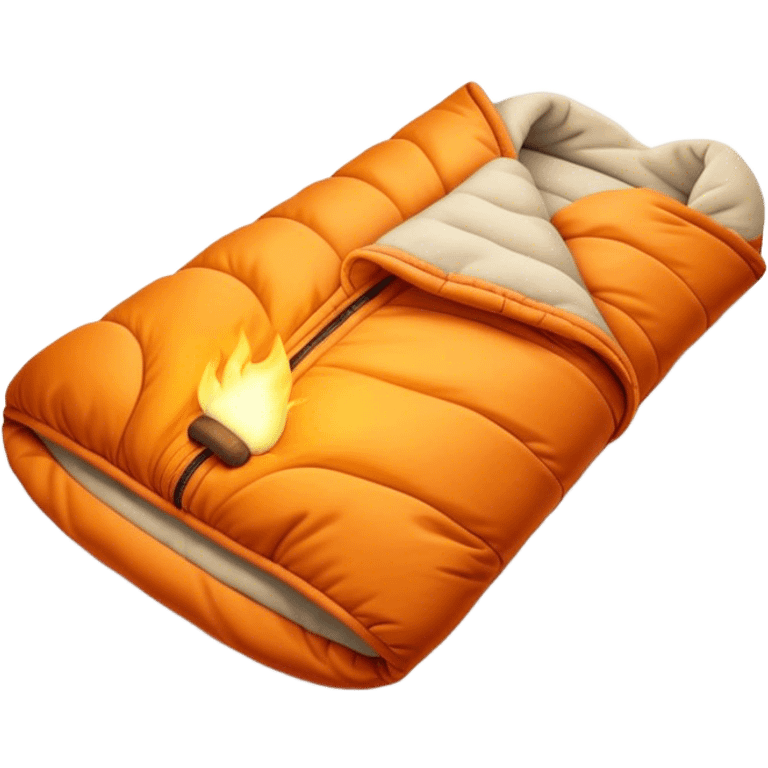 Cinematic Realistic Sleeping Bag, plush and slightly wrinkled, rich fabric texture catching the firelight, glowing with warmth and inviting coziness, nestled within a peaceful campsite. emoji