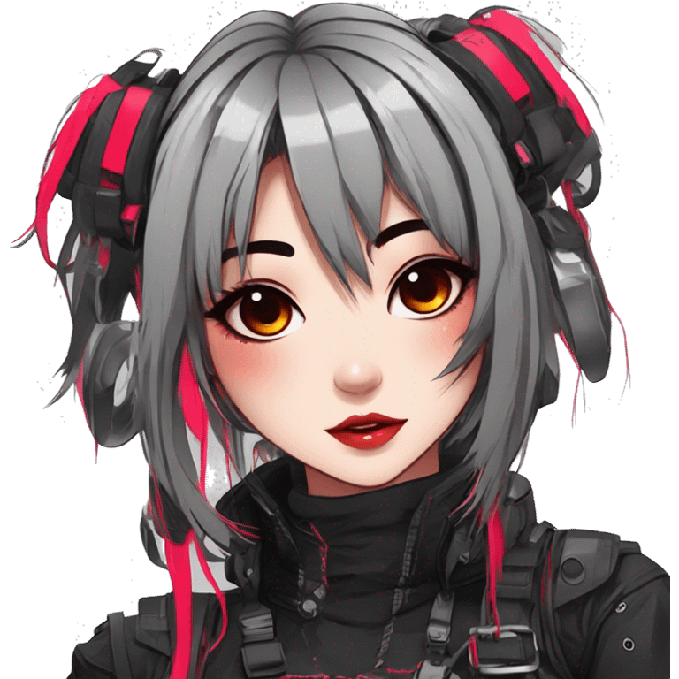 Gorgeous futuristic neon techwear anime style lady with blushing face aesthetic and pretty edgy black red punk messy wild cute hair with collar and harness trending style emoji