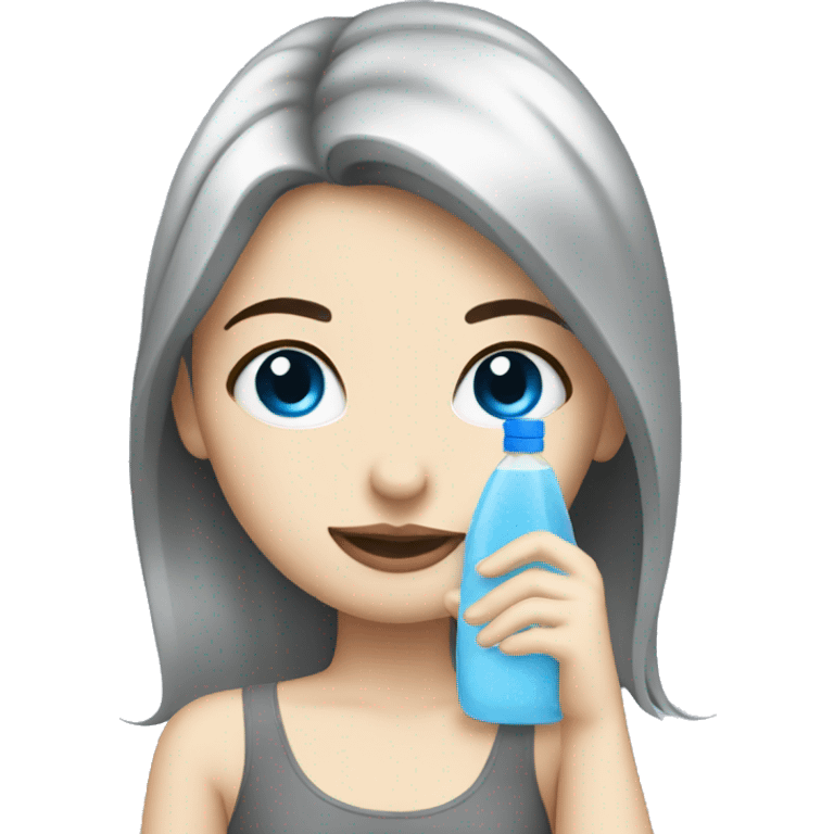 White girl with black hair and blue eyes drinking while cleaning  emoji