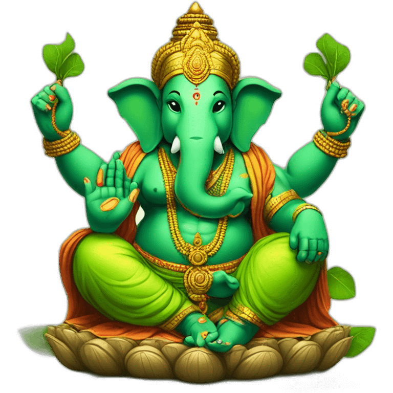 green ganesha hindu god with 4 hands, one hand with a rope, one hand with broken horn, one hand with and sphere and roght low hand in varada mudra emoji