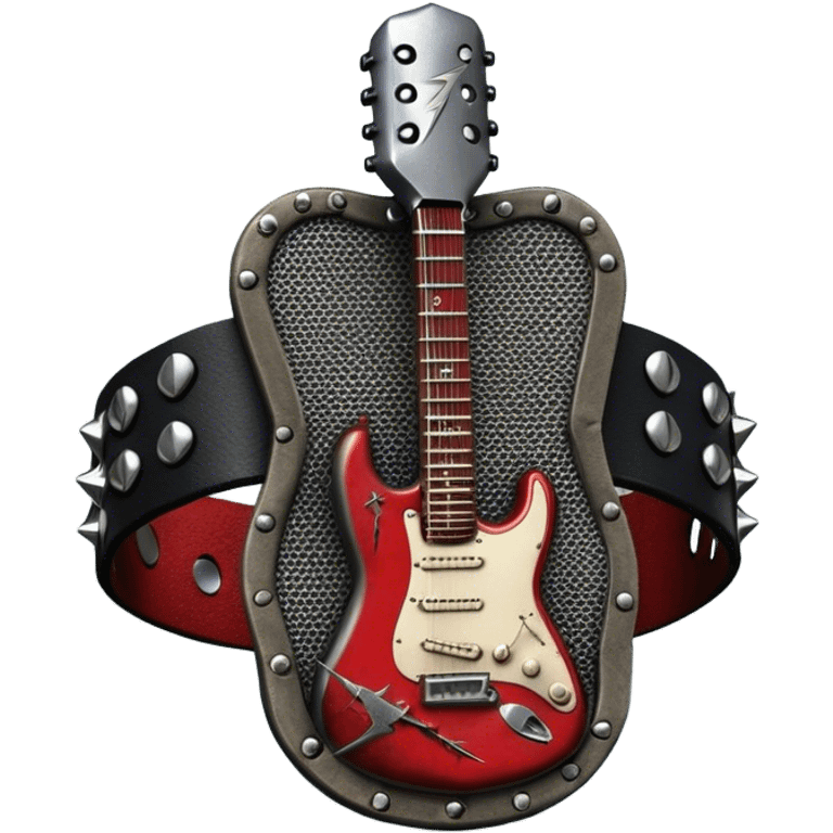 Create a powerful and dynamic humanless emoji representing rock vocals. The design should feature a classic vintage microphone with a rugged, distressed look, surrounded by elements like a guitar pick, electric guitar neck, and sound waves to reflect the raw energy of rock music. Add subtle details such as a spiked bracelet, leather textures, or bold lightning bolts to evoke the rebellious and intense spirit of rock. Use dark, edgy colors like black, red, silver, and metallic accents to emphasize the fierce, loud, and passionate nature of rock vocals. The background should be transparent. emoji