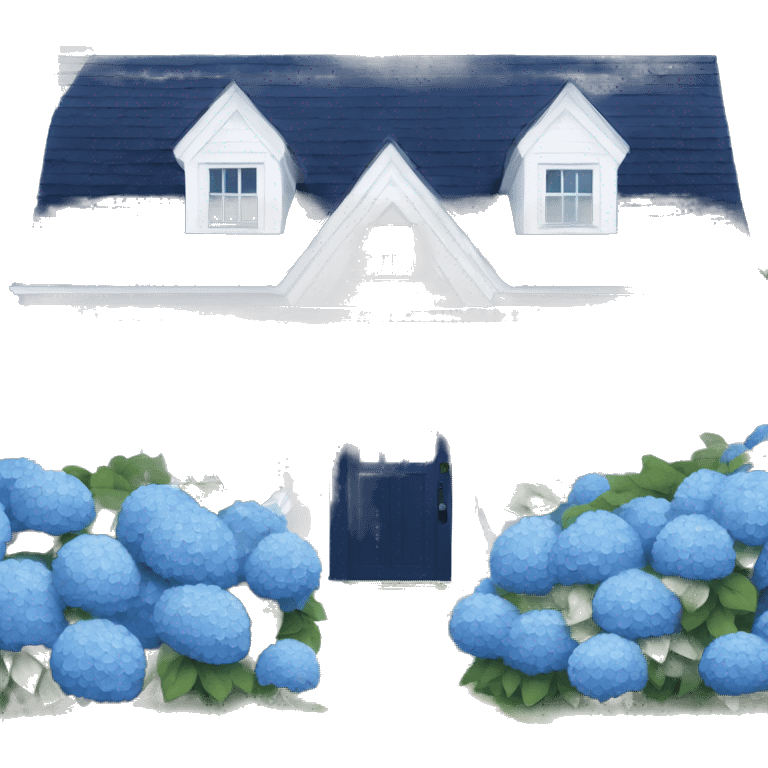 Navy blue shingle beach house with hydrangeas lining the drive way  emoji