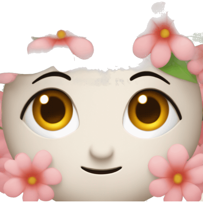 An agry blushing face, with cute eyes, a cupke and a flower emoji