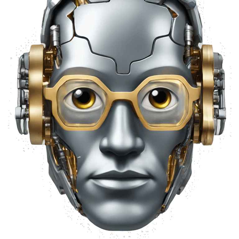 Male cyborg head with metallic plated face, flat top, glasses and circuits emoji