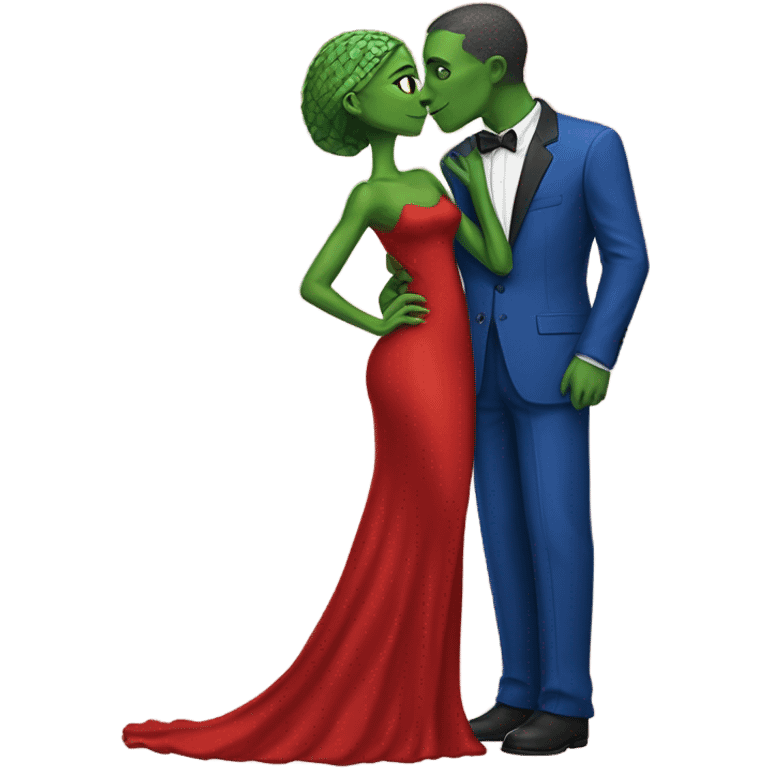 Beatiful tall green skin female reptilian in red dress, kissing white man in blue dress, full figure, full body emoji