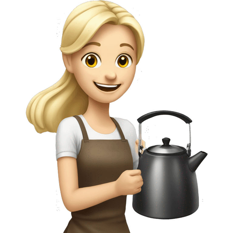 Happy blonde girl with a kettle making tea emoji