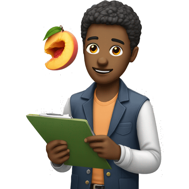 guy eating a peach and holding a clipboard emoji