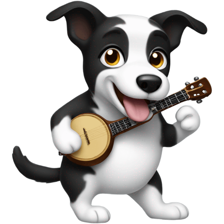 Black and white dog playing banjo emoji