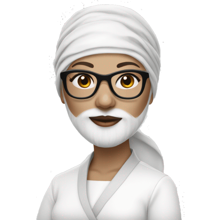 White-skinned woman with black square glasses, white clothes and white turban emoji