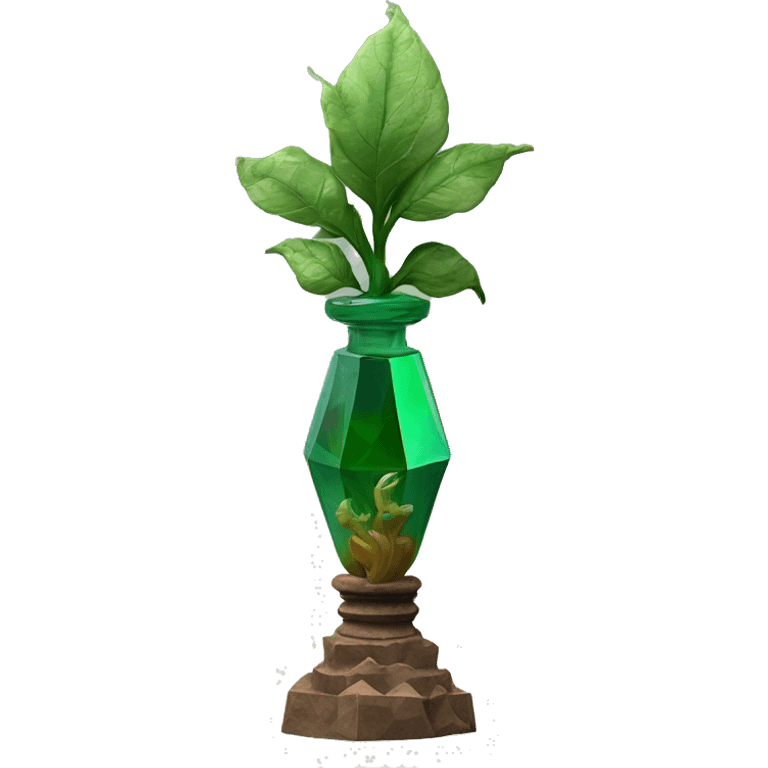 symbolic dirt humus in a bottle sculpture symbolizing Capricorn with a geometric, faceted design. The bottle is standing upright with angular and baroque features. The vibrant deep green plants colors highlights the sharp edges and planes.  emoji