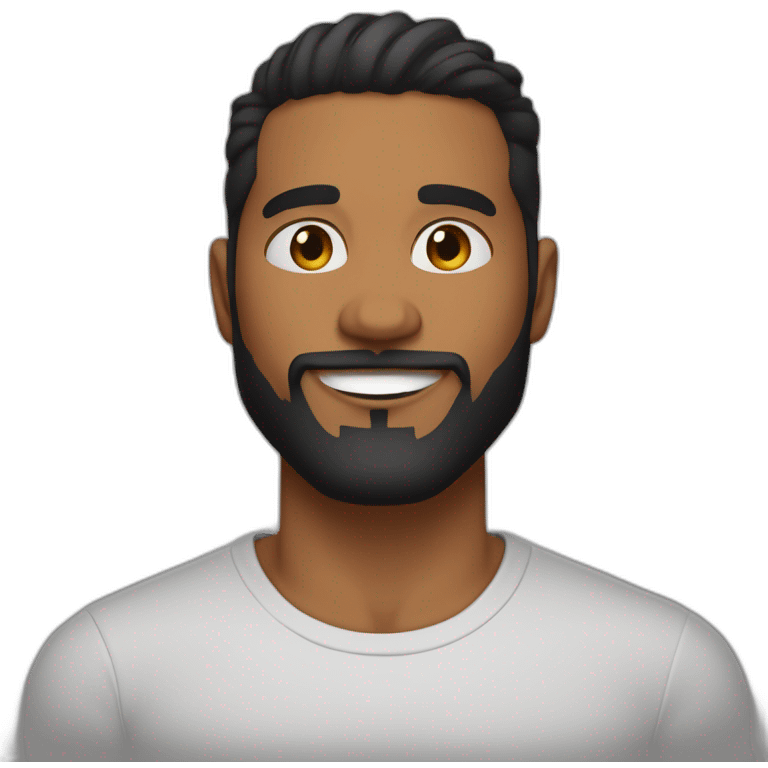 caramel brown skin male, black hair with a skin fade haircut, good beard, white teeth, black t shirt approximately 32 years old, good beard, chest up, confident emoji