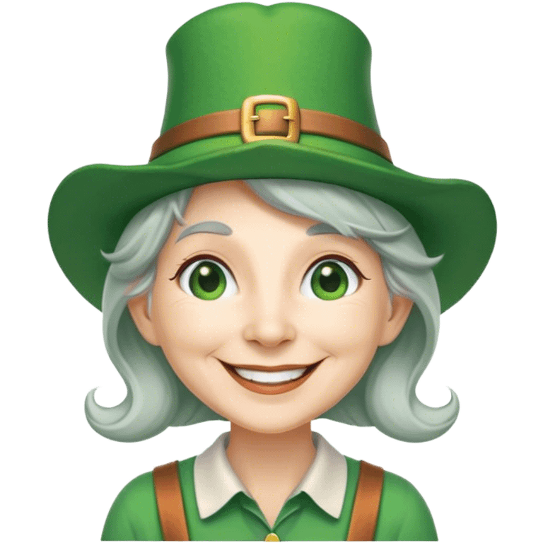 smiling gray haired lady in green shirt and leprechaun hat emoji