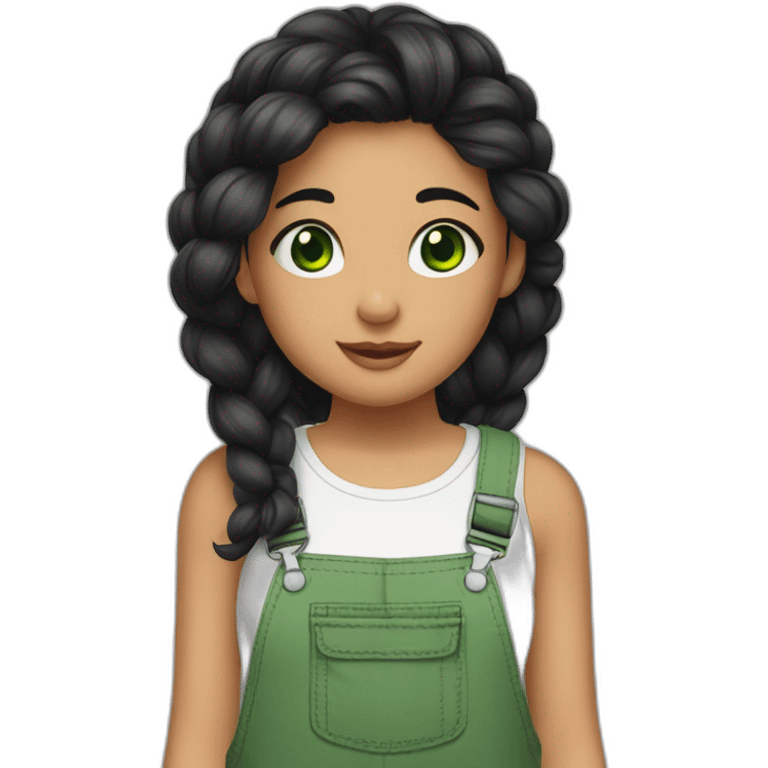 A girl with green eyes and black hair with a braid and wearing a tank top with overalls and flip flops and beside her a pet emoji