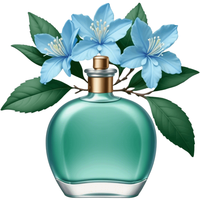 Aesthetic ensemble of soft blue azaleas alongside a charming vintage green perfume bottle.
 emoji