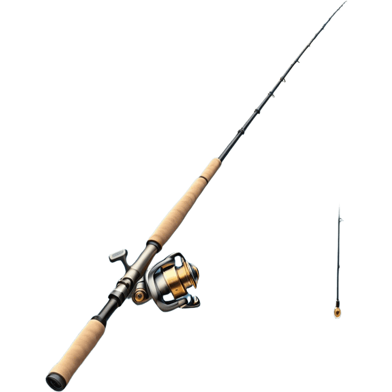 Cinematic Realistic Fishing Rod, sleek graphite rod with a smooth, polished reel, thin line disappearing into a shimmering lake, warm golden sunlight reflecting off the water, glowing with a tranquil and adventurous aura. emoji