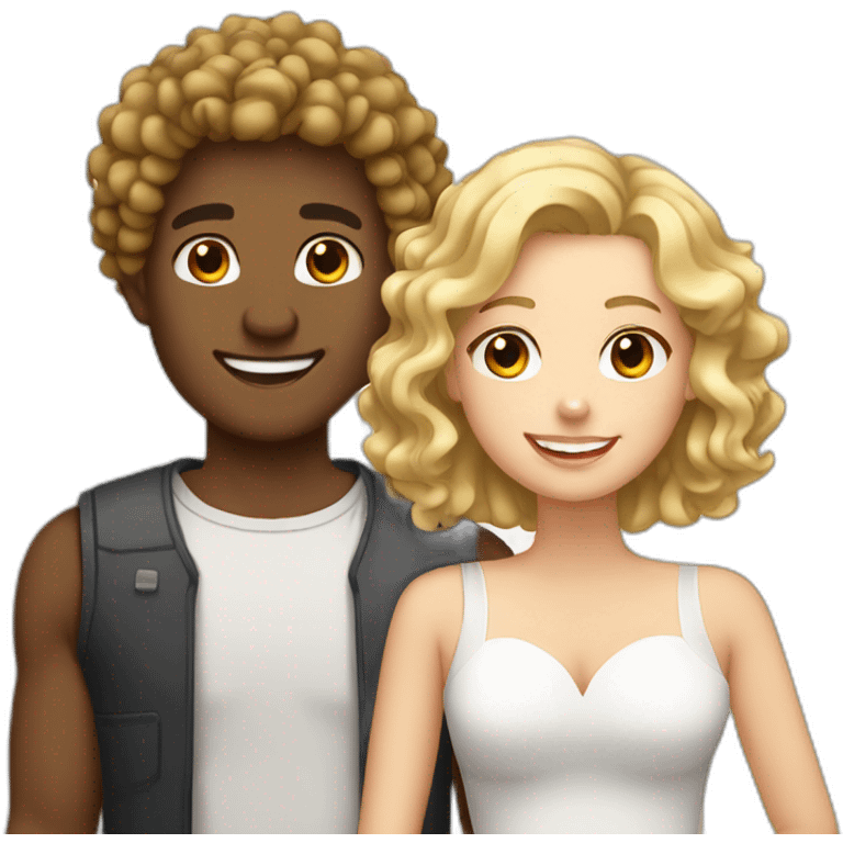 Couple, brown skin guy curly hair with a white girl blonde with teeth braces emoji