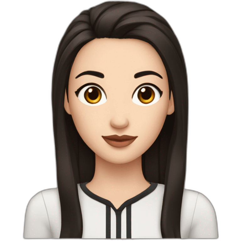 White women with long dark brown hair and long eyelashes dark brown eyes and thick dark brown eyebrows and Black dog with a white stripe on the neck with pointed ears raised up emoji