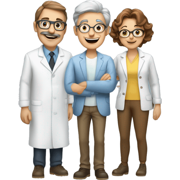 3 chemists an older fun lady, a younger smiley brown haired woman and a younger guy emoji