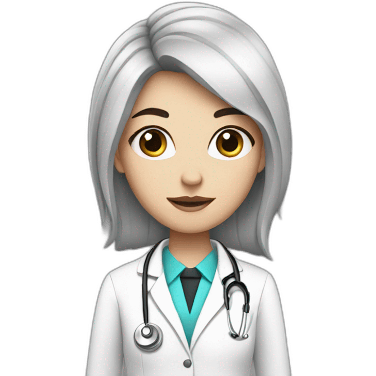 A white girl with black hair dressed like a doctor emoji