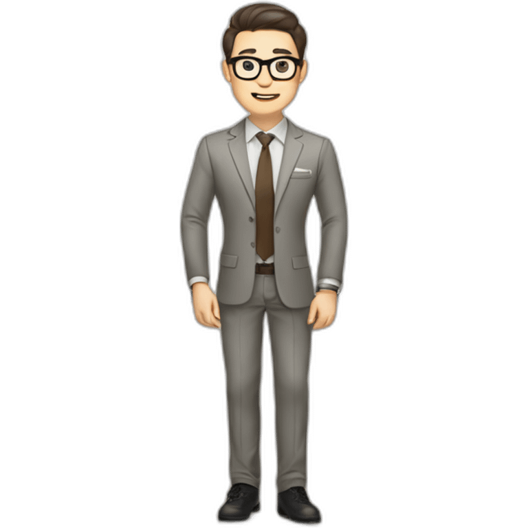 Pale skinned fit man with dark brown hair in gray jacket, beige office shirt, brown tie, brown pants and vintage glasses Writing on the marker board emoji