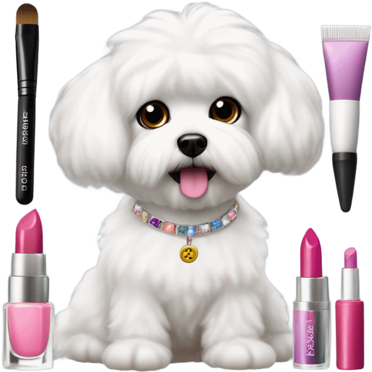 Maltese bichon with makeup products emoji