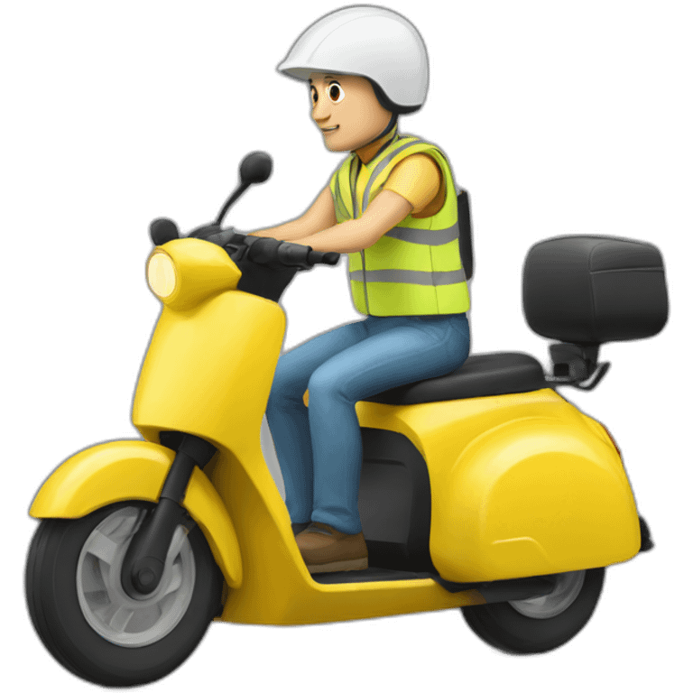 a bald man with a yellow safety vest and a yellow bicycle helmet on a xiomi scooter emoji