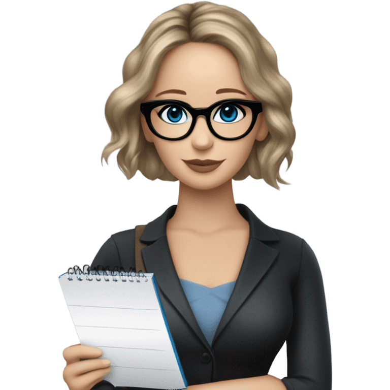 Realistic Photo of Brunette Jennifer Lawrence wearing black glasses and blue eyes holding notepad and pen emoji