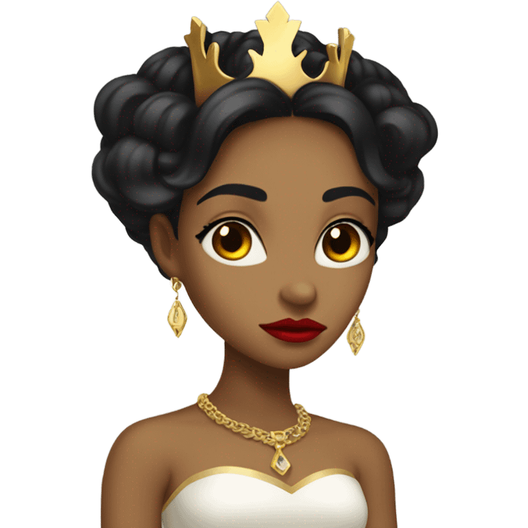 Queen with olive skin, long black hair, bright red lips, skinny gold crown, white dress, and evil stare.  emoji