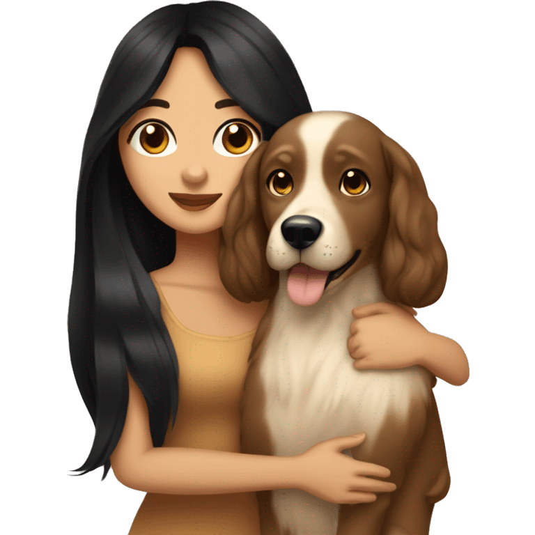 pretty woman with very long black hair and caramel skin hugging a beige dog emoji